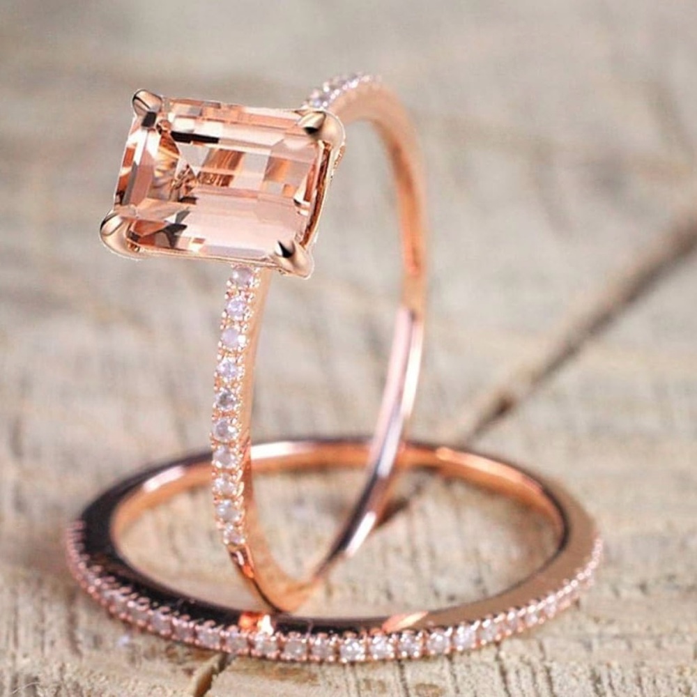 Rose Gold Plated Champagne Morganite Wedding Ring Set - Size 7 NWOT
